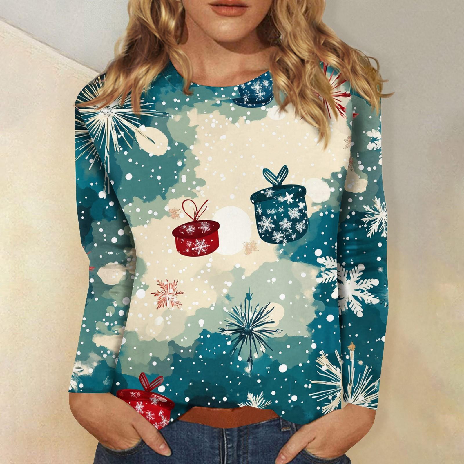 

Женский модный повседневный топ с длинными рукавами и рождественским принтом с круглым вырезом Топ с длинными рукавами XXXXXL