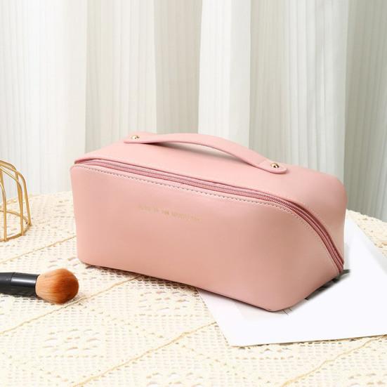 Travel Cosmetic Bag Open Flat Waterproof Faux Leather Makeup Bag Toiletry Organizer with Multiple Compartments for Vacation Trip