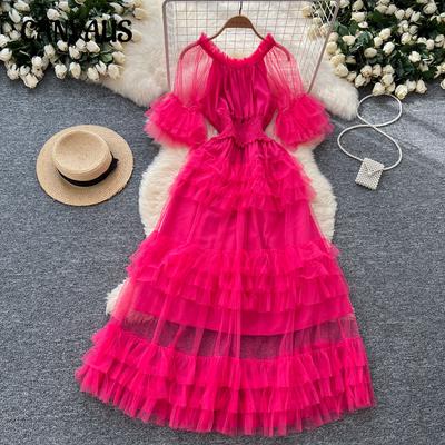 French Pleated Waisted Flared Sleeve Mesh Cake Dress Women Temperament Elegant Gown Long Dress