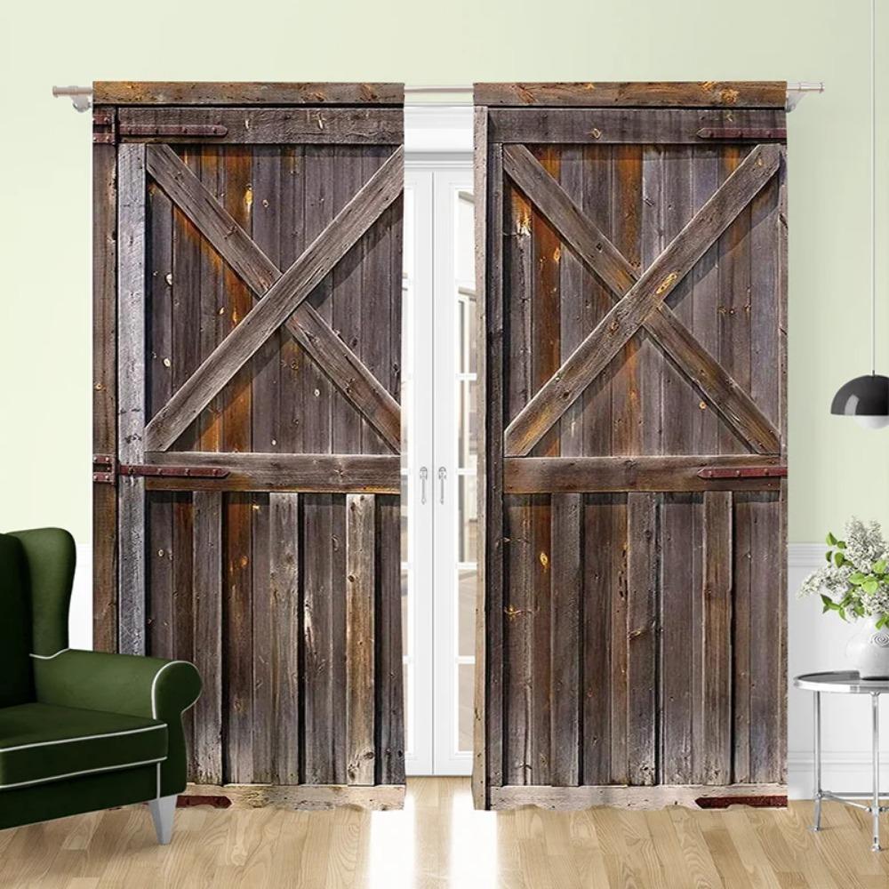 2pcs Light Colour Wooden Door Printed Curtain For Home Decor Rod Pocket Window Treatment For Bedroom,Office,Kitchen,Living Room