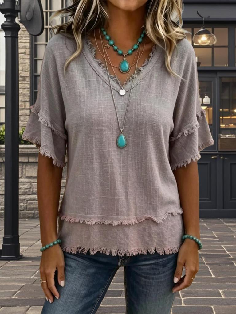 V-Neck Short Sleeve Loose Fit Women's Casual Pullover Top