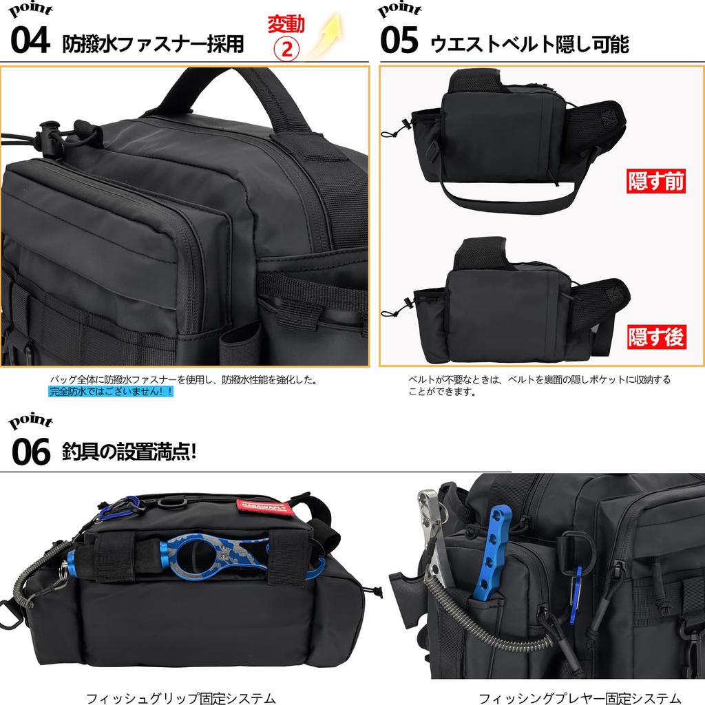 HAKAWAFLY Fishing Bag with Two Rod Straps and Five Tackle Multifunctional Fishing Shoulder Large Run and Gun Bag Water-Repellent Carabiners, 5-Way