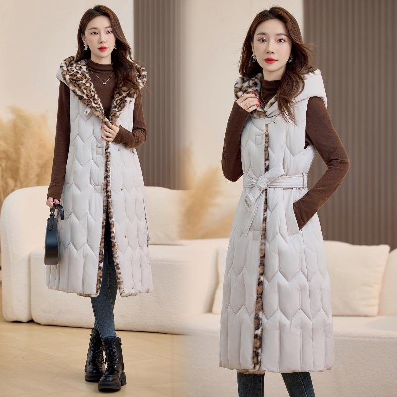Leopard print plus slim-fit hooded cotton vest to keep warm in autumn and winter women's long and thin double-sided down cotton vest vest