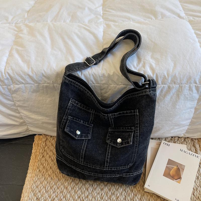 Vintage Large Capacity Denim Tote Bag Women's Shoulder Bag Commuter Crossbody Bag