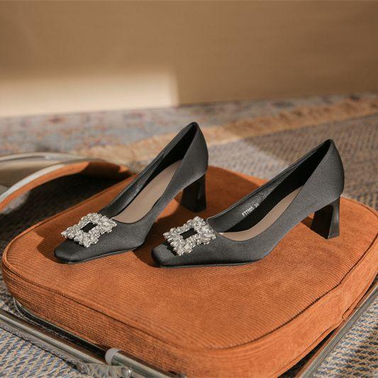 - Classic Satin Rhinestone Square Head Thick Heel High Heels Women's Fashion Simple CMCM