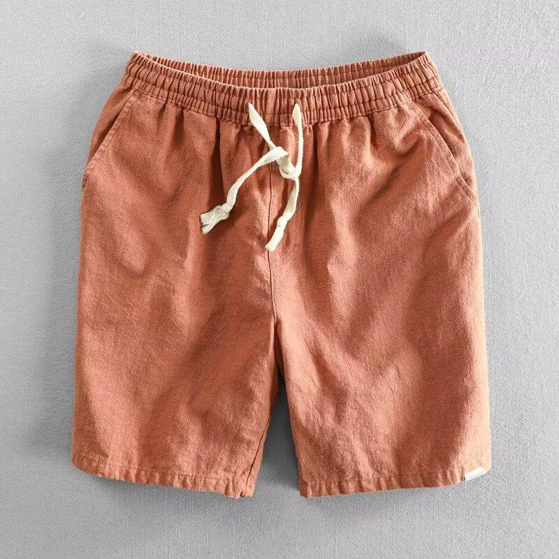 Summer Light and Thin Ramie Shorts Solid Color Simple Elastic Drawstring Cotton Beach Casual Loose Five-point Pants Men