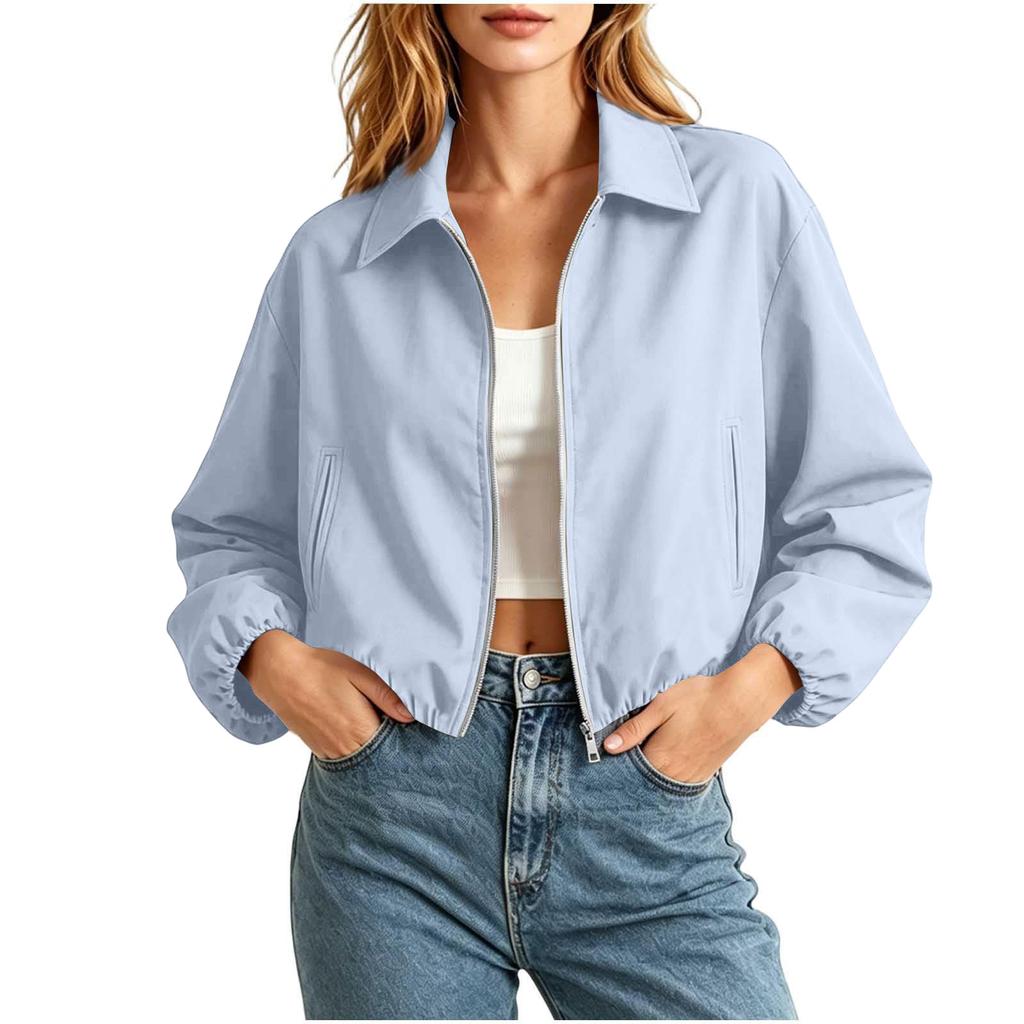 Women's Fashion Short Loose Fit Puffy Zipper Long Sleeve Jacket Outerwear
