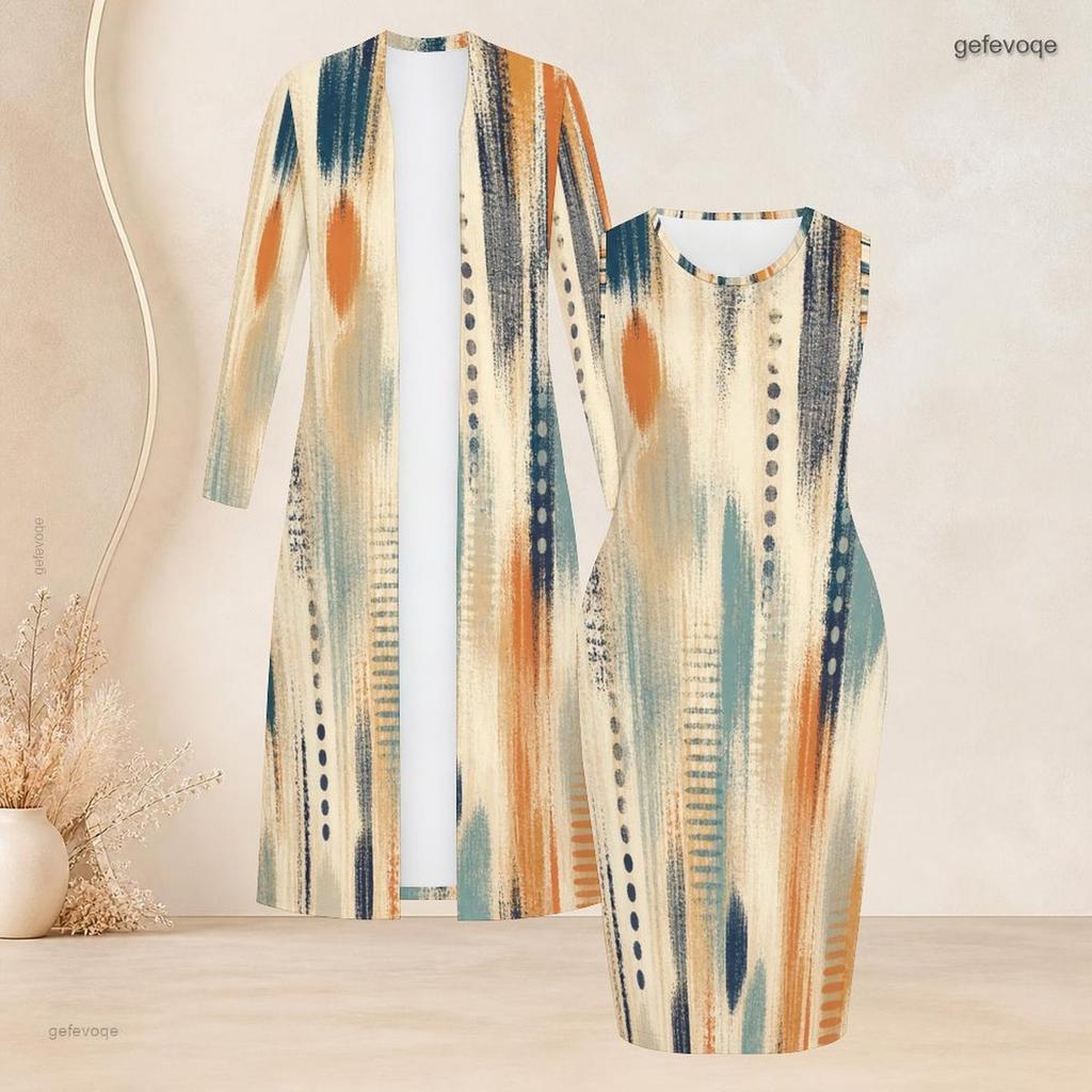Women Plus Size Two Piece Outfit Geometric Printed Long Sleeve Open Front Cardigan Sleeveless Bodycon Dress