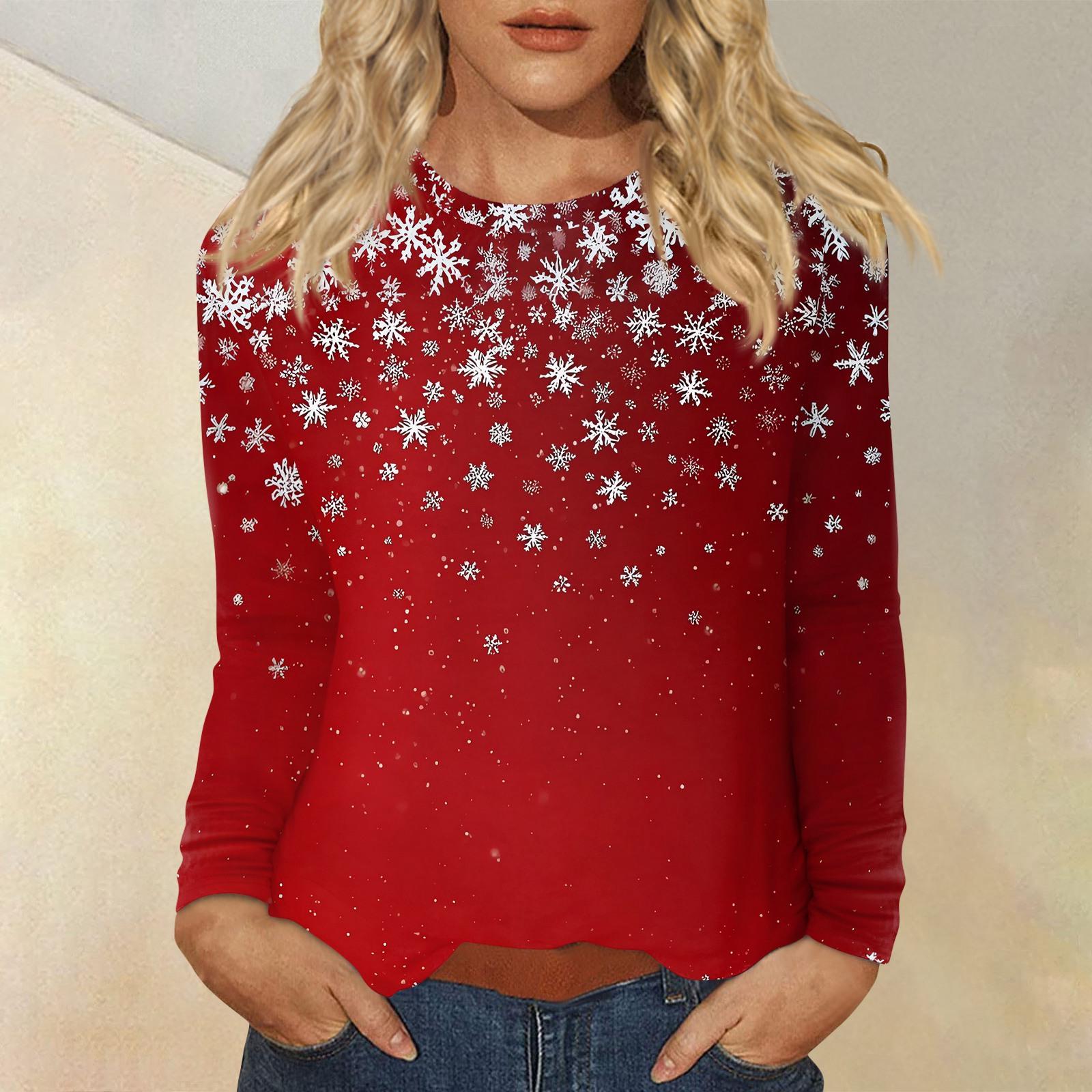 

Женская мода повседневный рождественский принт круглый вырез длинный рукав пуловер топ XL