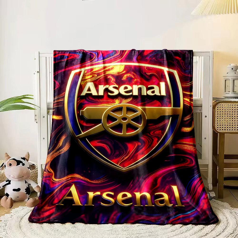 Gold Arsenal logo with fiery, swirling red-purple background pattern. for all seasons blanket lunch break throw gift 80cm x 120cm