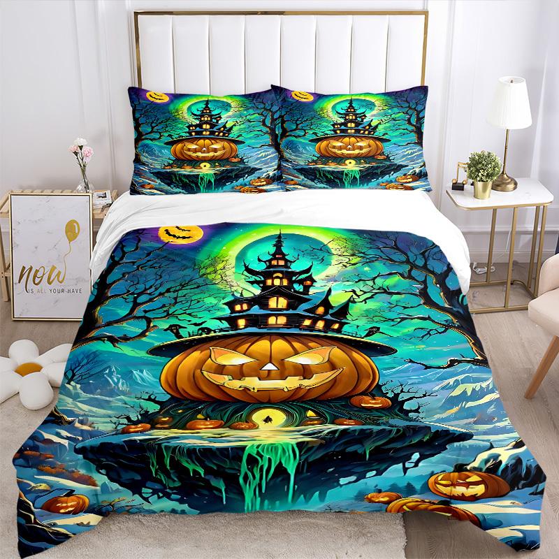 3pcs Halloween Pumpkin House Duvet Cover Set - Machine Washable, Includes 1 Cover and 2 Pillowcases, No Core Included Yy251013049
