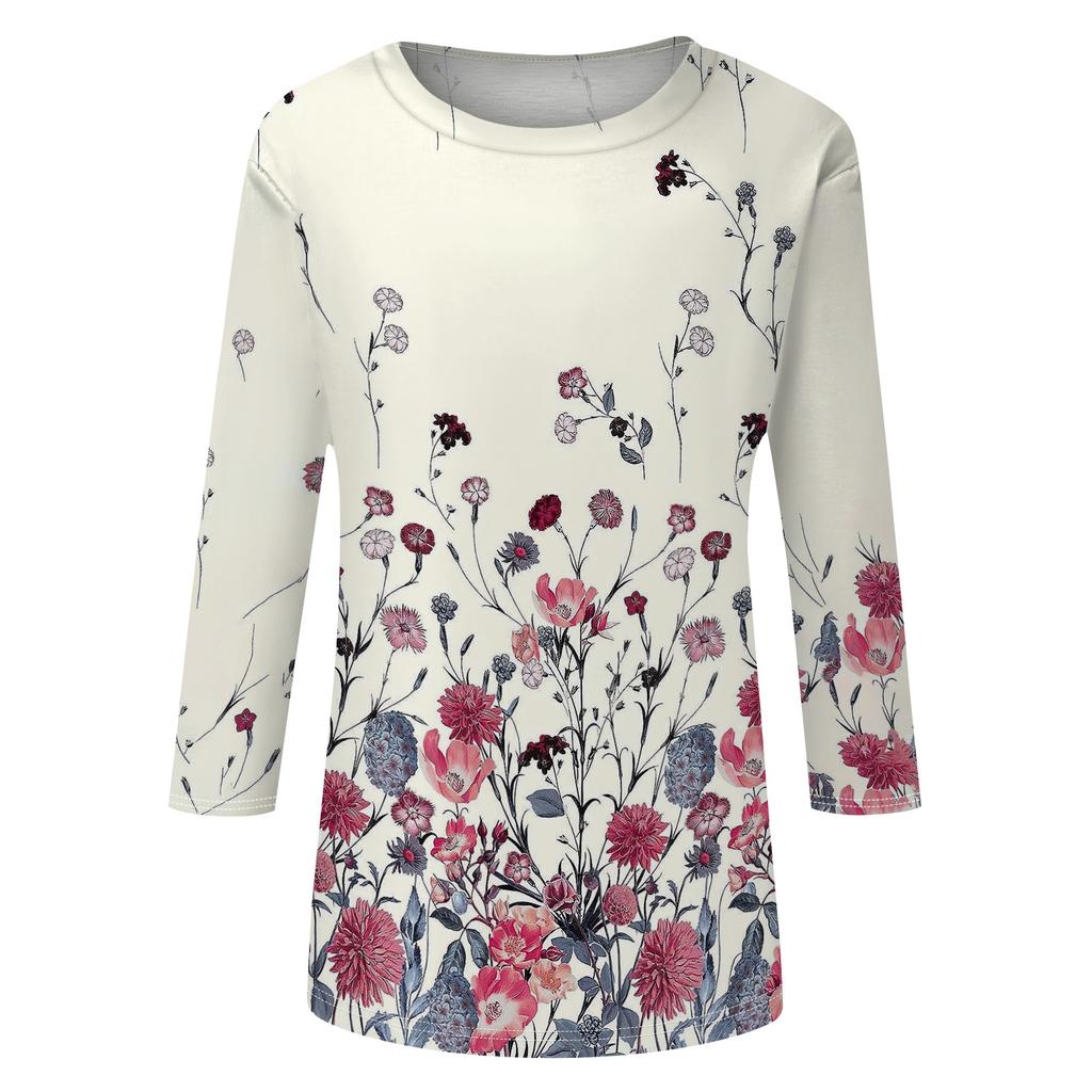 Women Casual Floral Print Three Quarter Sleeve Round Neck Top Lightweight Soft Fabric Relaxed Fit Blouse for Everyday Wear