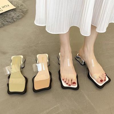 Fashion Versatile Women's Design Sense Niche Transparent Cool Slippers Thick Heel 2025 New Popular Slippers Women's Summer Wear