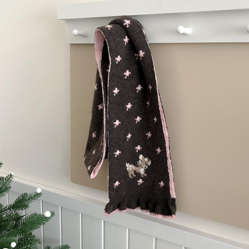 Ladies' Scarves Korean Cartoon Deer Floral Kawaii Sweet Versatile Cute Scarfs Thicked Warm High-Quality Cashmere Knitted Scarfs