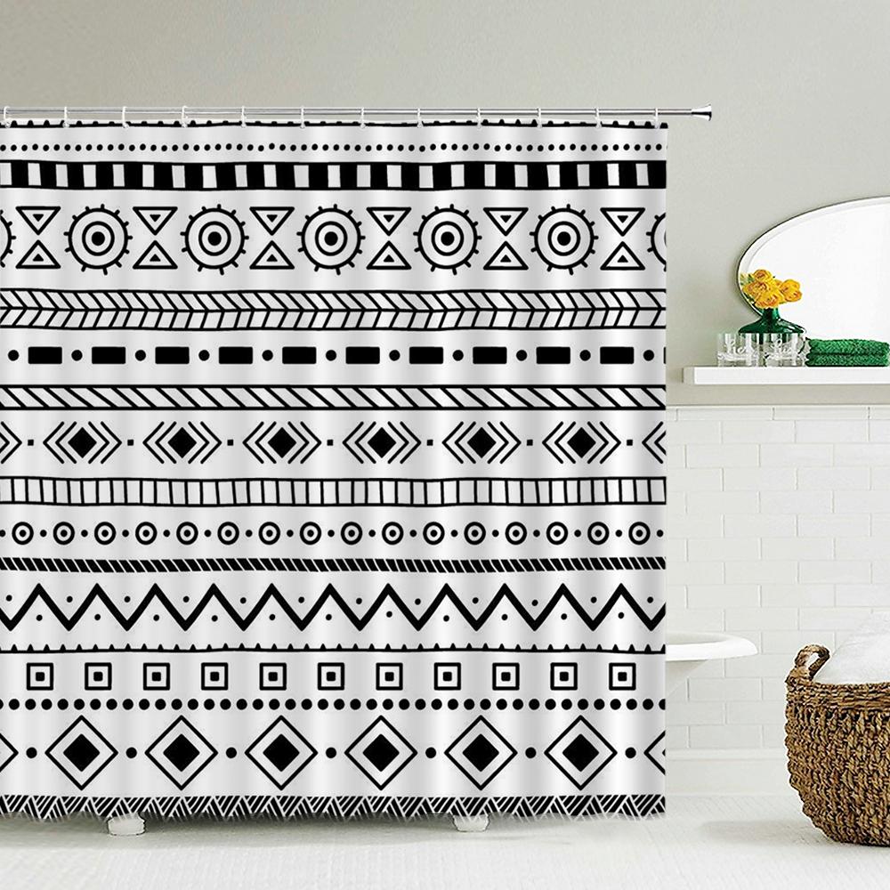 Art Boho Shower Curtain with Hooks Bohemian Bath Curtain Polyester Fabric Black and White Minimalist style Bathroom Curtains