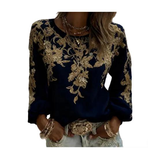 Women Tops Round Neck Long Sleeve 3D Digital Flower Printing Tee Shirt Retro