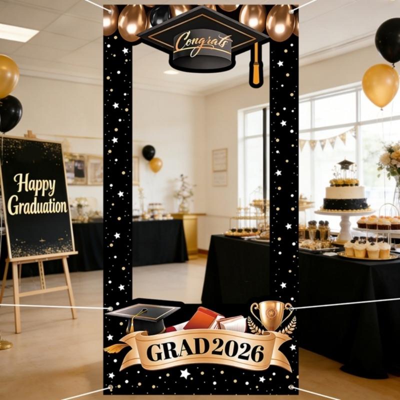 Black Gold Graduation Backdrop 2026 Banners With Star And Balloons Motifs Background For Photo Decorations 60X120CM