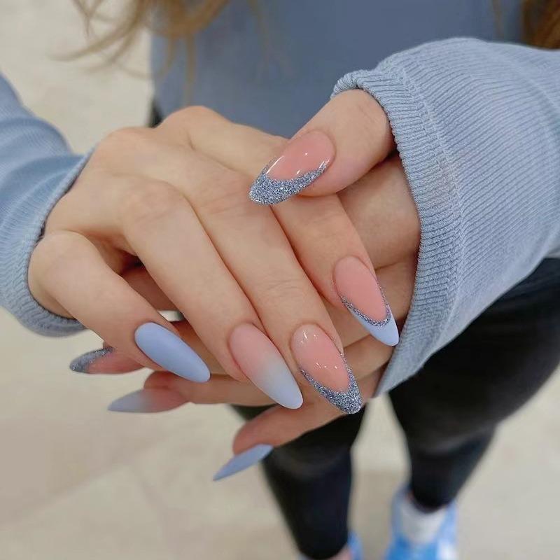 Noste Dlouhý Francouzský Ručně Dělaný Manikúrní Kousek Kamínkový Postupný Přechod Odnímatelná Nálepka na Nehty