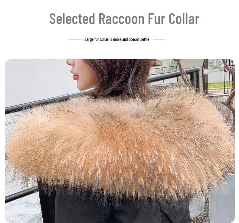 Women's Mid-Length Cotton Coat with Removable Faux Raccoon Fur Liner - Thickened, Plus Size