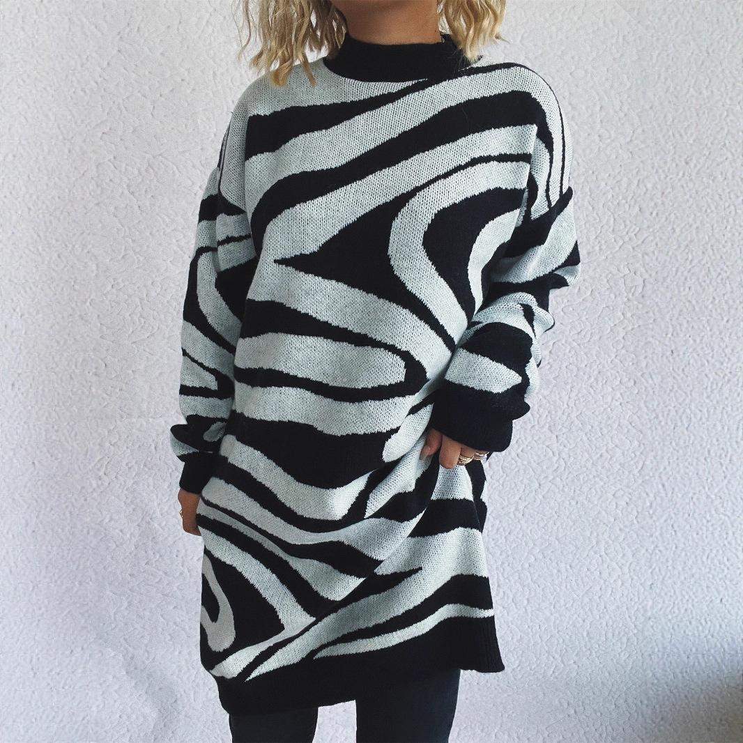 

Sueter Mujer 2025 Korean Fashion New Sweater Women Long Zebra Print Knit Sweater Casual Loose Women Sweater Chic Pullover CR4369 S чёрный