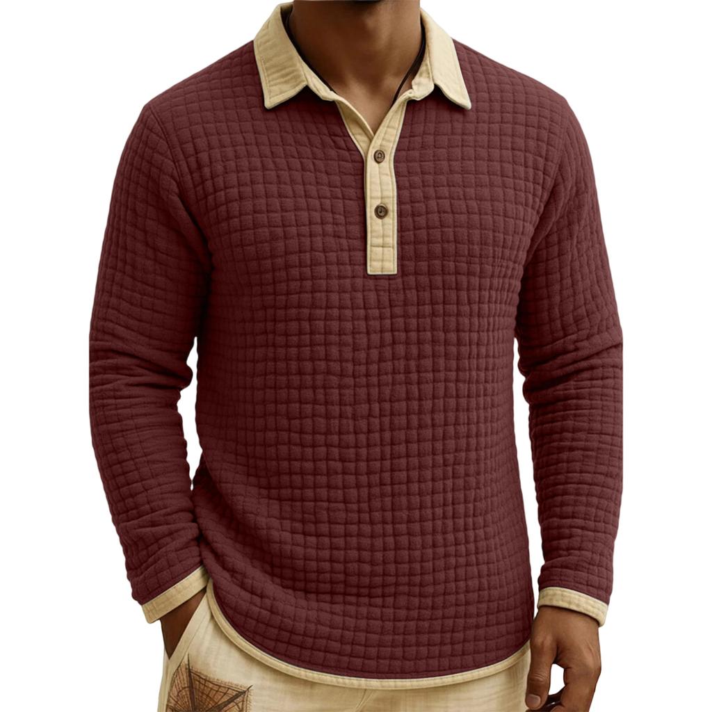 Men's Quilted Knit Color,blocked Pullover Button,down Top