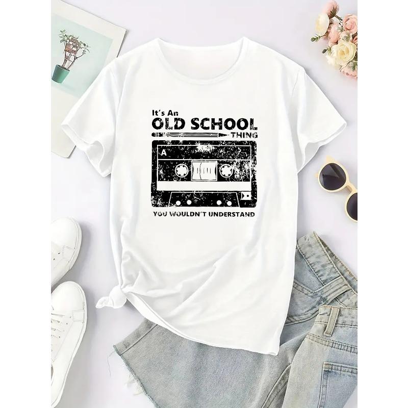 European Size Women's Magnetic Tape Print Short-Sleeve T-Shirt - Casual Round Neck Blouse, Machine Washable