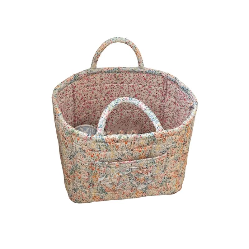 Floral Pattern Quilted Cotton Storage Basket Foldable Lightweight with Handles for Home Laundry Toy Organization