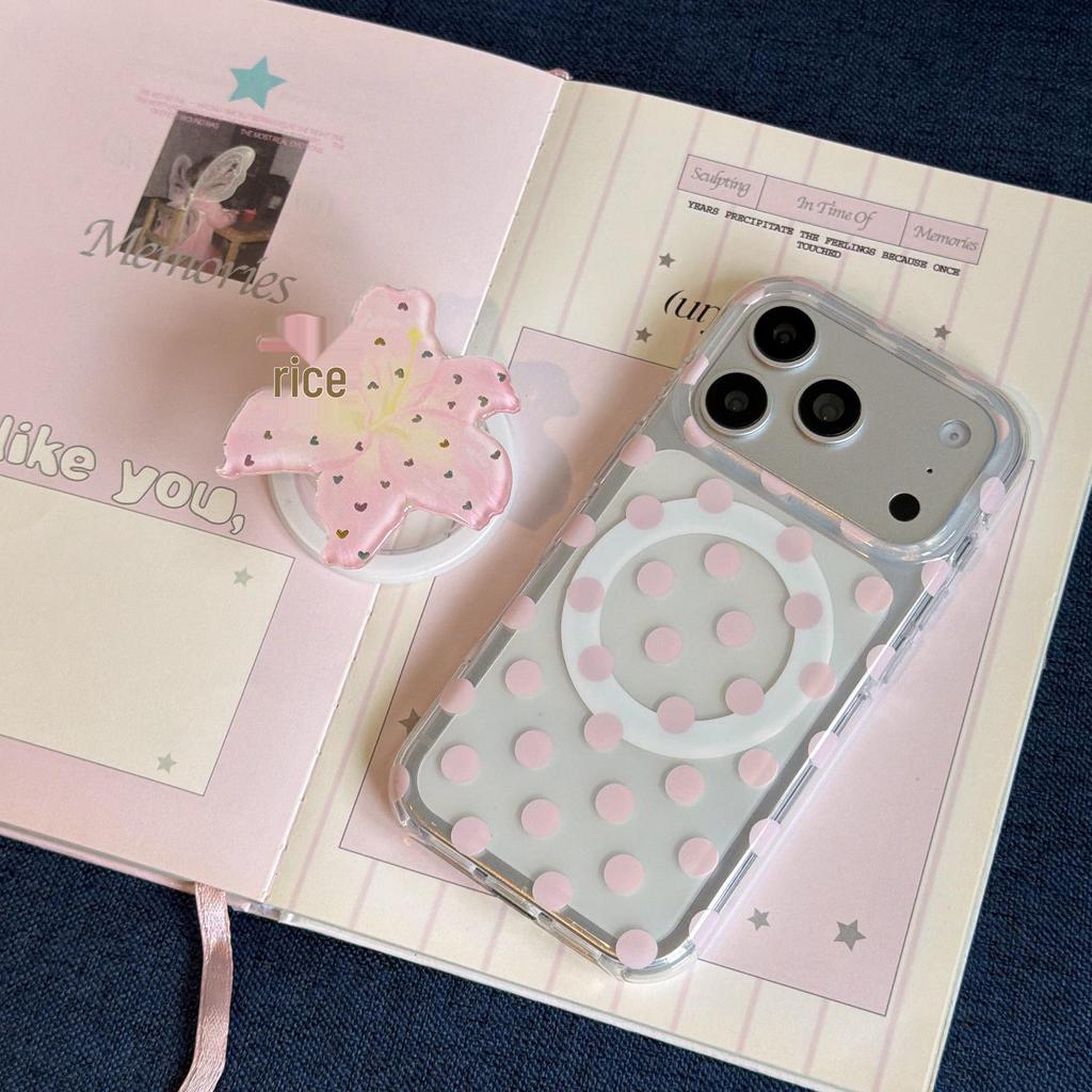 Pink Polka Dot Magnetic Bracket Phone Case for Apple 17 Pro Max - Drop-Proof, Fits 16 & 15 Models, For Women