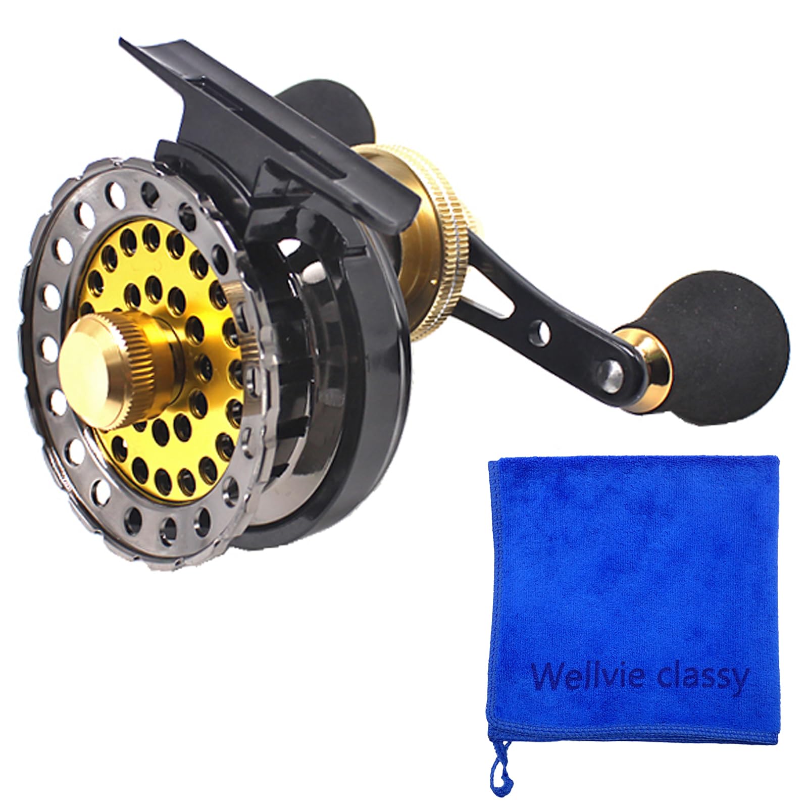 

Wellvie Classy Cage Fishing Reel, Black Porgy Drop-Down, Right-Handed, 2.6:1 Aluminum Machine-Cut, 6+1BB, Single-Axis, Gold