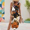 Women Plus Size U Neck Sleeveless Dress Cartoon Witch Raccoon Halloween Printed High Side Slit Curved Hem