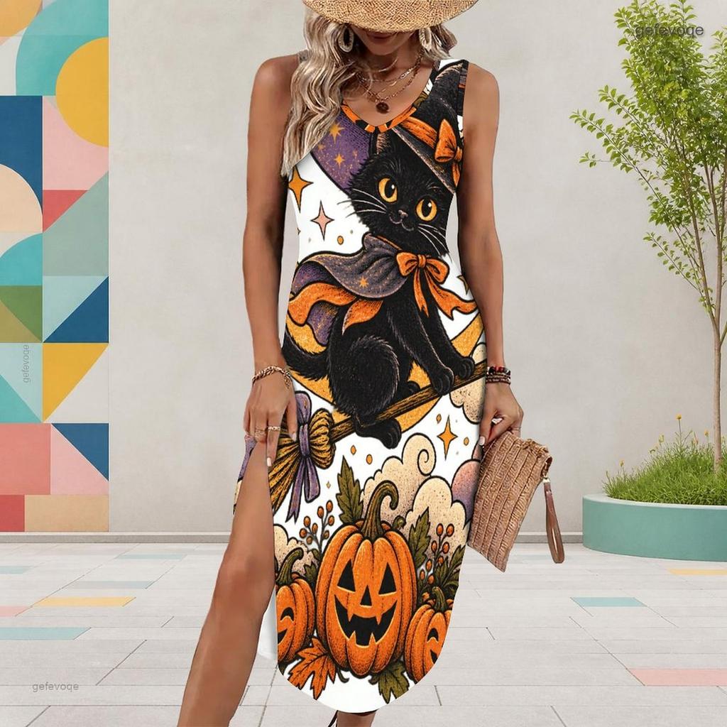 Women Plus Size U Neck Sleeveless Dress Cartoon Witch Raccoon Halloween Printed High Side Slit Curved Hem