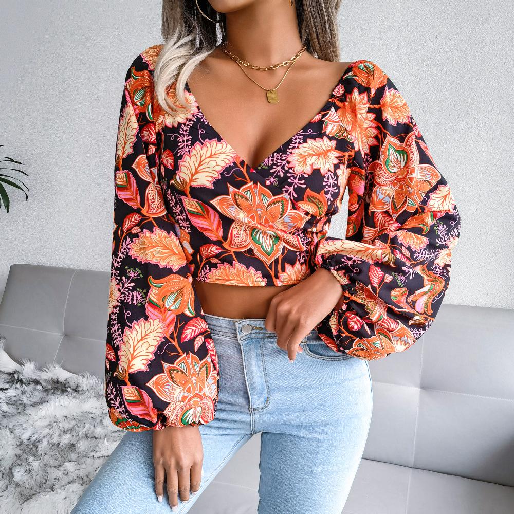 GMXIA Dámská móda Ležérní Letní Květinový Potisk Dlouhý Rukáv Výstřih do V Slim Halenky a Květinové Šifonové Prázdninové Crop Top Košile s Lucernovými Rukávy