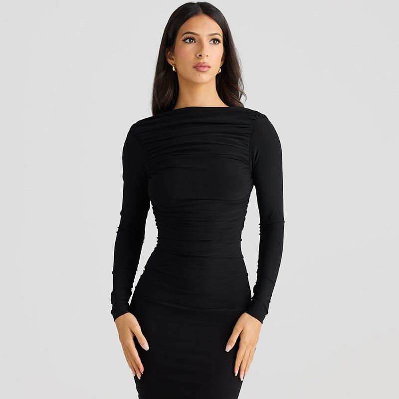 Vestido Tooxika de primavera y otoño para mujer, sexy, sin espalda, plisado, ajustado, con cuello redondo y manga larga