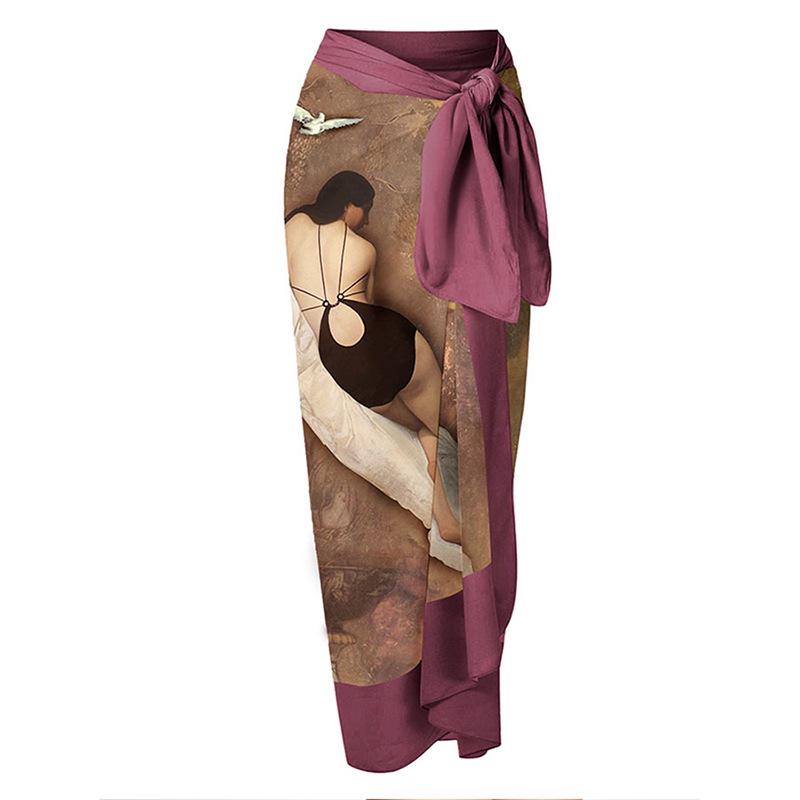 

Европейская и американская юбка миди с принтом в стиле отпуска и квадратным платком - Пляжная юбка с запахом (22067012) One Size хаки