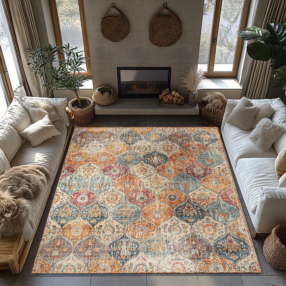 Multicolor Bohemian Area Rug, Geometric Pattern Non-Slip Carpet, Vibrant Living Room Mat for Cozy Home Decor