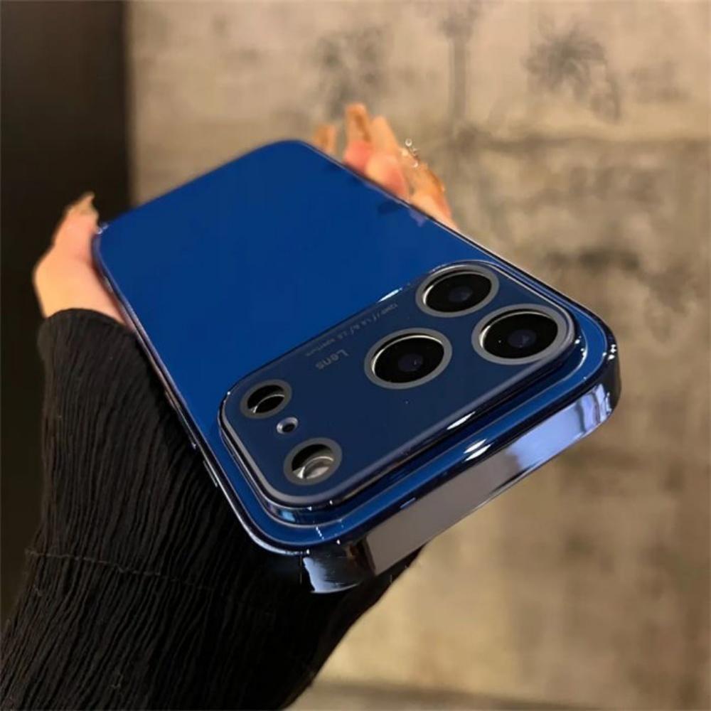 

Luxury Crystal Smooth Glass Window Case For iPhone 17 Air 16 15 14 13 12 Pro Max Plus Shockproof Plating Armor Hard Phone Cover iPhone 15 тёмно-синий