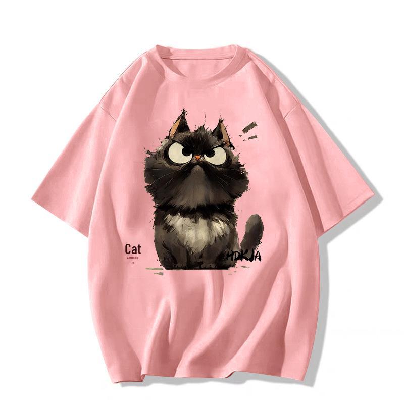 American Retro Kitten T-shirt - Neutral Short Sleeve, Summer Street Style, Loose Fit, Hip Hop Style