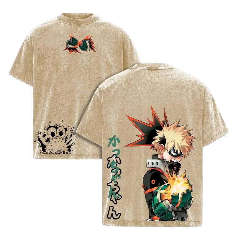 Anime My Hero Academia T-shirt Bakugou Katsuk Manga Vintage Washed Oversized Clothes Men's Clothing Cotton Short Sleeve Tee Tops