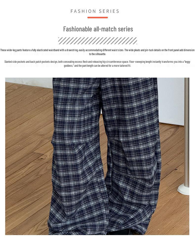 Navy Blue Retro Plaid Wide-Leg Elastic Drawstring Trousers for Women and Children - Autumn/Winter Fashion
