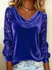 Women's Gold Velvet Long Sleeve Top with Sequin Sleeves and Cowl Neck