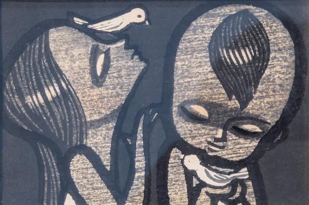 [USED] Authentic woodblock print by Shuzo Ikeda, Birds and Children, A nostalgic and fantastical world, V188