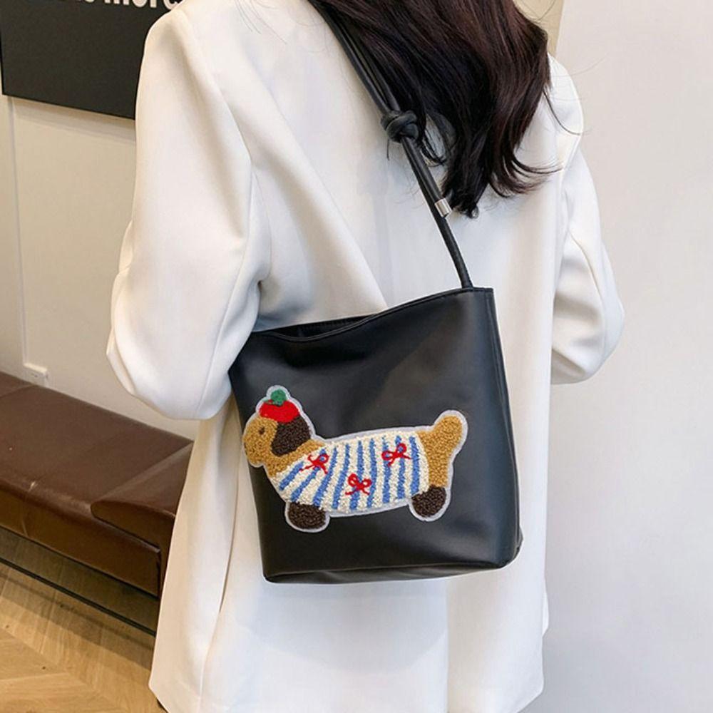 Square Bag Embroidery Shoulder Bag Towel Dachshund Puppy Underarm Bag Sweet   Women