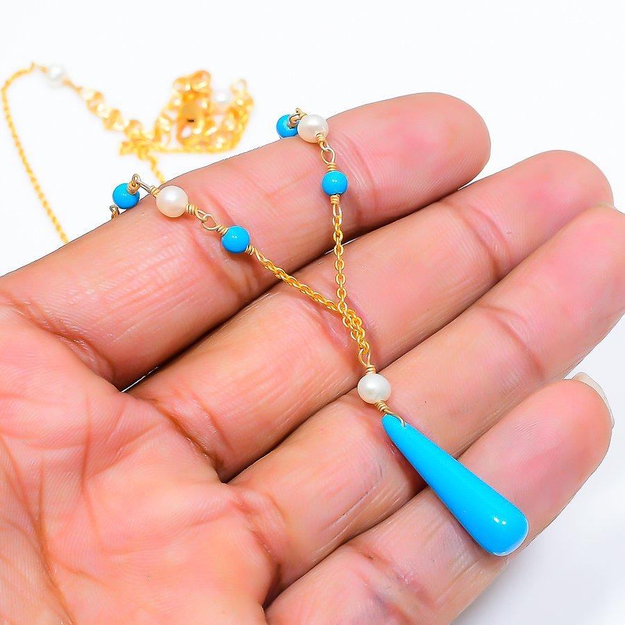 

Arizona Turquoise, Pearl Gemstone 925 Sterling Silver Jewelry Necklace 20 GK-6153