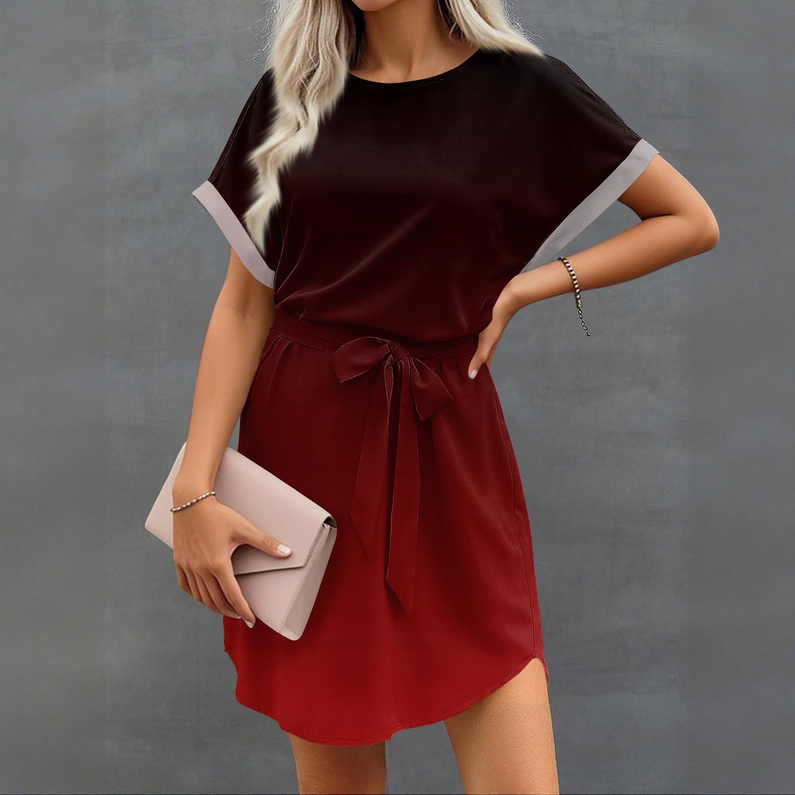 

Женские летние короткие платья с круглым вырезом, повседневное платье с рукавами «летучая мышь», с поясом для женщин XL винный