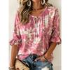 Floral Print Drawstring Top Women's Casual Loose Short Sleeve T-Shirt Pink Cotton Summer Versatile Fashion