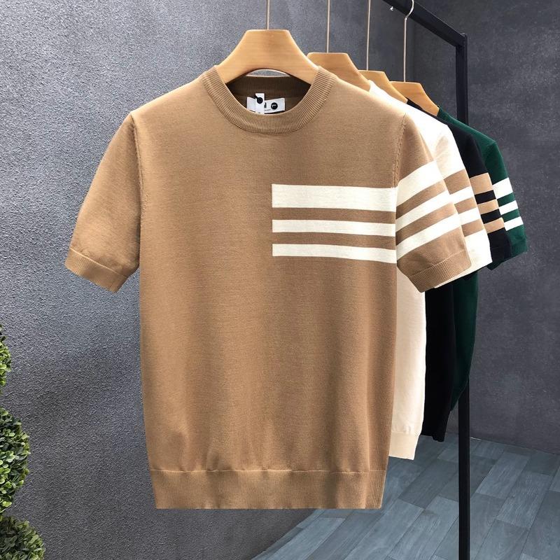 Summer new short-sleeved sweater men's striped simple business light mature slim ice silk T-shirt