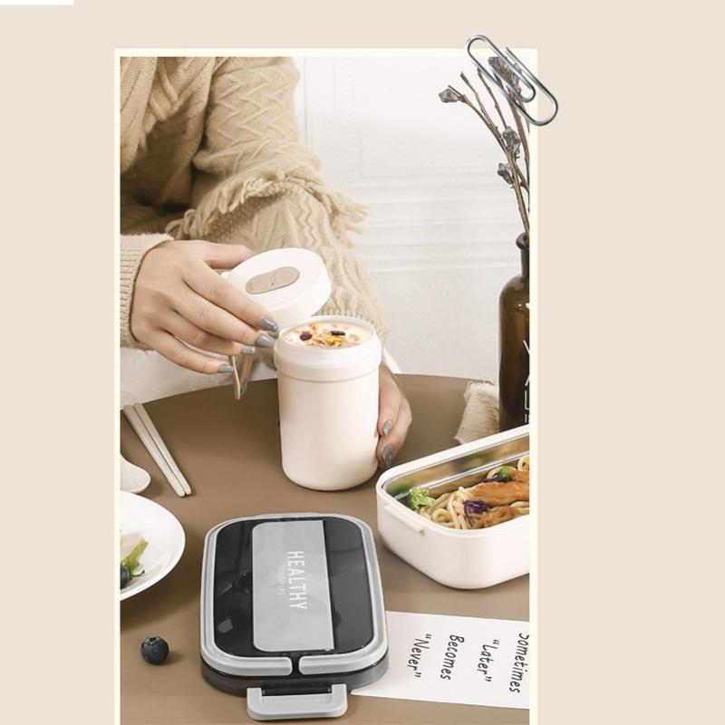 Doppelschichtige Bento-Box 316 Edelstahl Fächer Tragbare Lunchbox Mit Besteck Für Arbeit Schule Büro 1400ml Weiß
