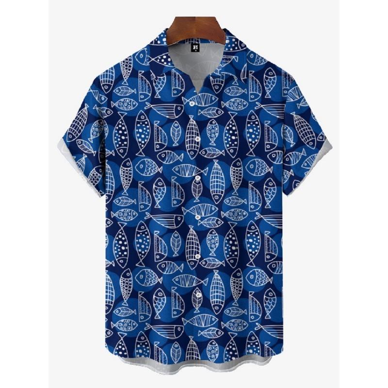 Men's Shirts Summer Hawaiian Casual Seaside Beach Tops Cartoon Planet Rocket Print Button Short-sleeve Oversized Shirts Chemise