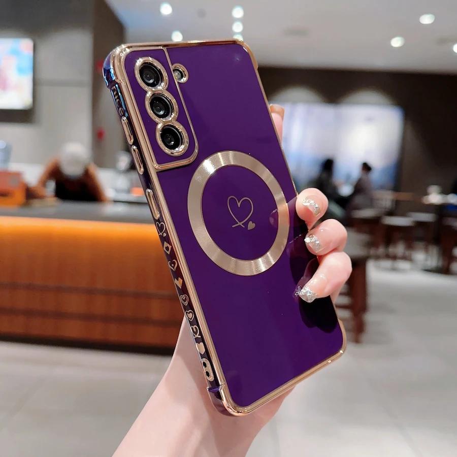 For Magsafe Case for Samsung Galaxy S23 Ultra S22 S21 Plus S24 Ultra S22Plus S20 S21 FE Electroplate Love Pattern Protect Covers