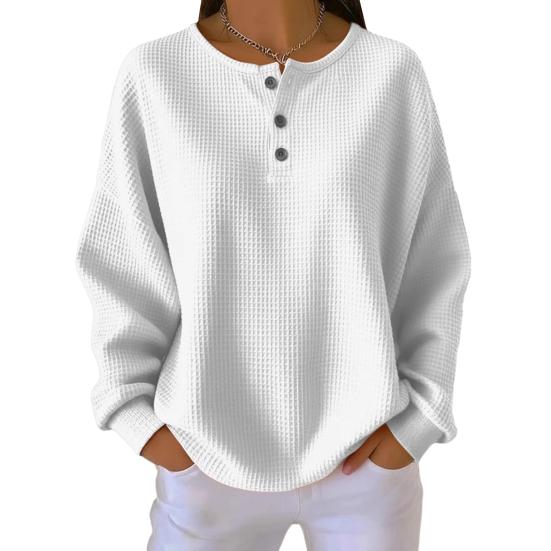 Damen Oberteile Rundhals Knöpfe Dekor Langarm Pullover Oberteile Einfarbig Waffelstrick Texturierte Bluse Alltagskleidung